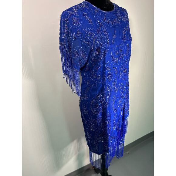 Vintage Laurence Kazar Womens Size L  Blue Beaded Fringe Cocktail Dress - Picture 3 of 8